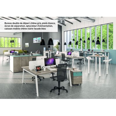 Bureau double STEELY - L140 cm - Double face Suivant - Pieds blanc - plateau imitation Hêtre
