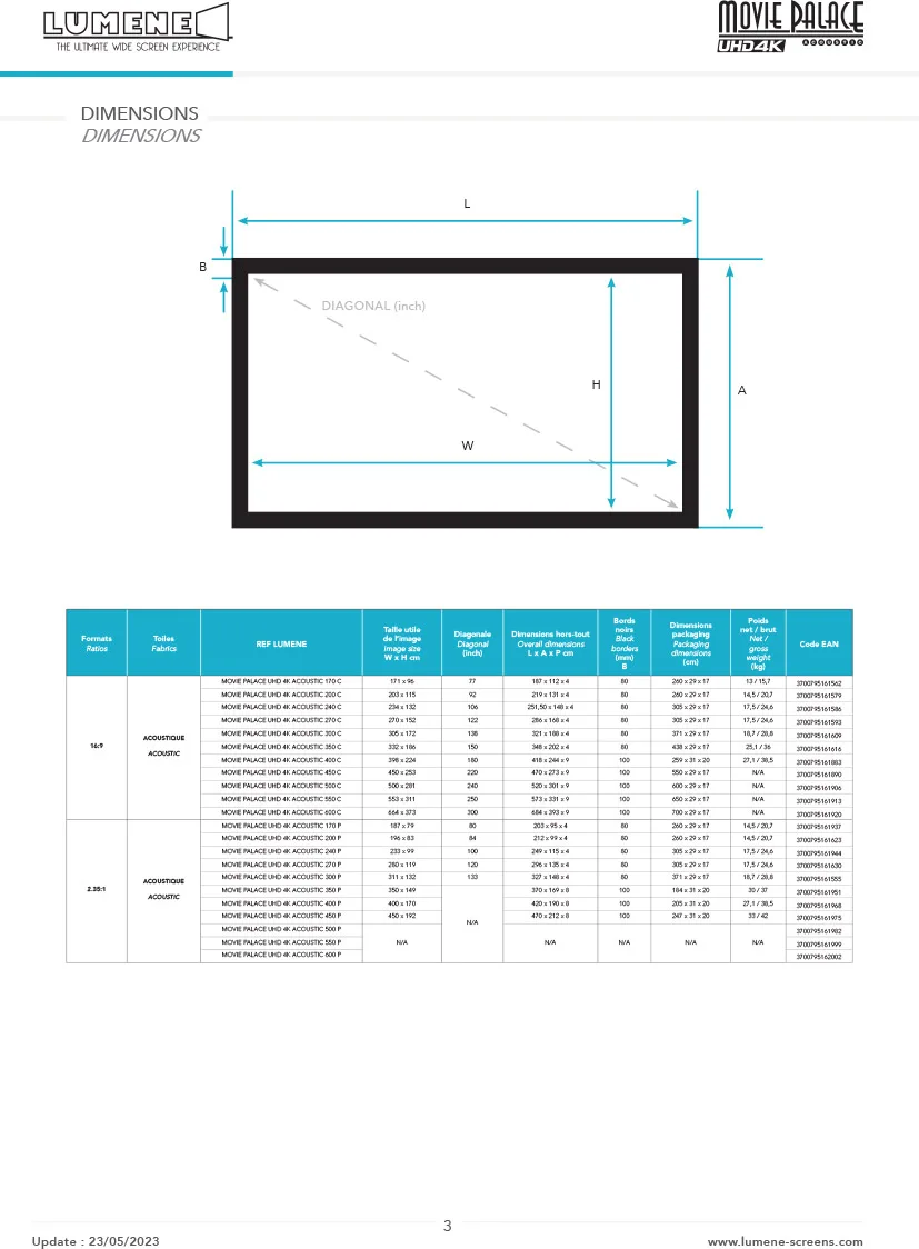 Lumene Movie Palace UHD 4K Acoustic 400P (2.35:1) Écrans de projection fixes