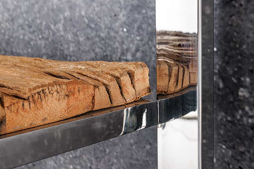 Massivholz Regal BARRACUDA 185cm braun Teakholz silber Edelstahl verchromt Bücherregal