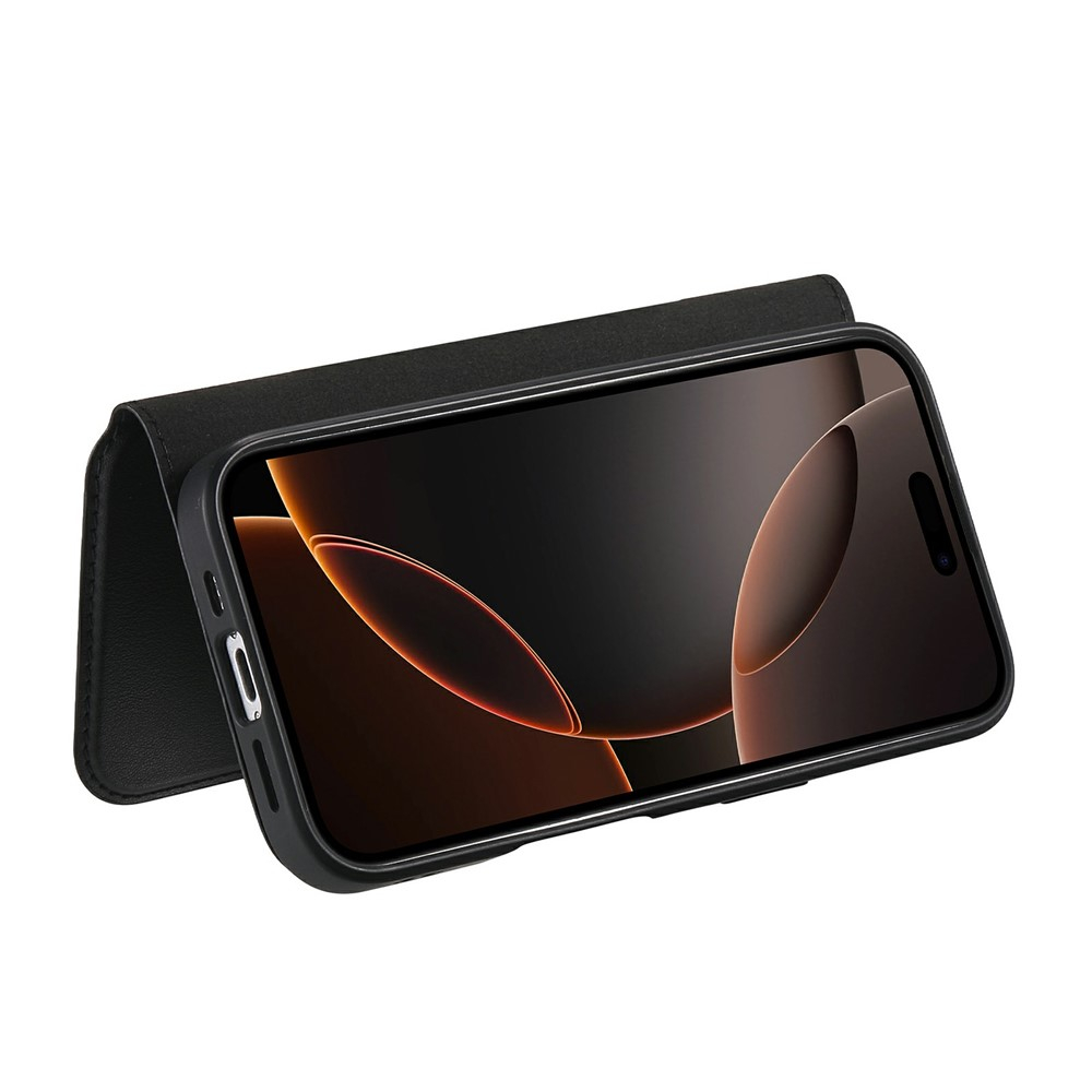 iPhone 16 MagSafe Leder Case Schutzhülle mit Finger Griff Halterung   Abnehmbare Tasche inkl. Kartenfächer (RFID Schutz) - Schwarz