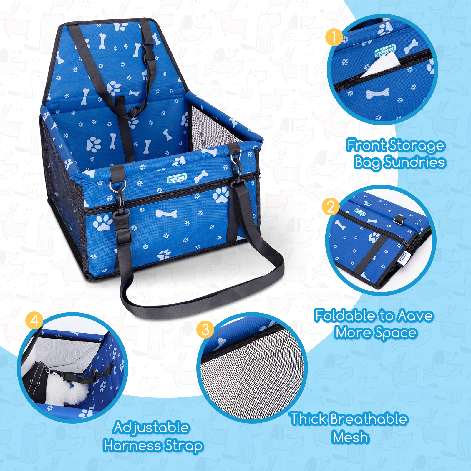 Nobleza - Reforço para Assento de Carro para Cães, Assento de Segurança para Animais de Estimação para Cães e Gatos, Bolsa de Viagem Dobrável e Lavável para Outros Animais de Pequeno Porte com Bolso com Zíper, 40 * 34 * 25 cm, Azul
