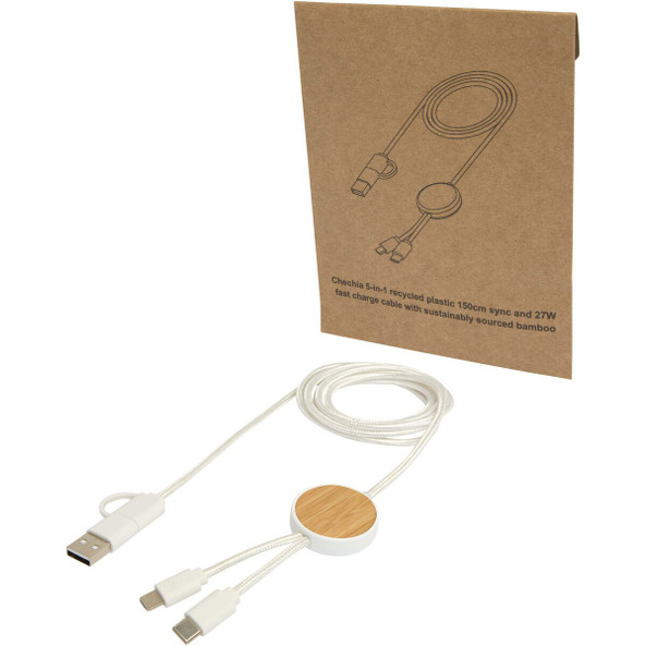 PF Concept 124422 - Câble 5 en 1 Chechia en plastique recyclé de 150 cm pour la synchronisation des données et la charge rapide de 27 W avec détails en bambou