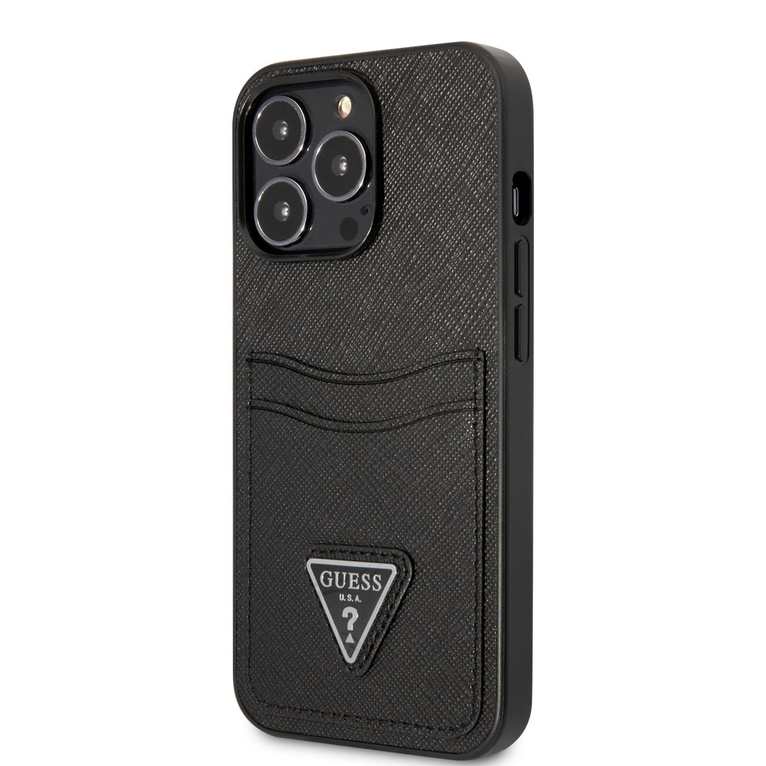 iPhone 13 Pro Leder Saffiano Hardcase Hülle mit Kartenfach (GUHCP13LPSATPK) - Schwarz