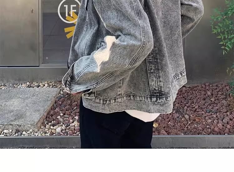 Savenne - Gewassen denim jack met rits en opstaande kraag