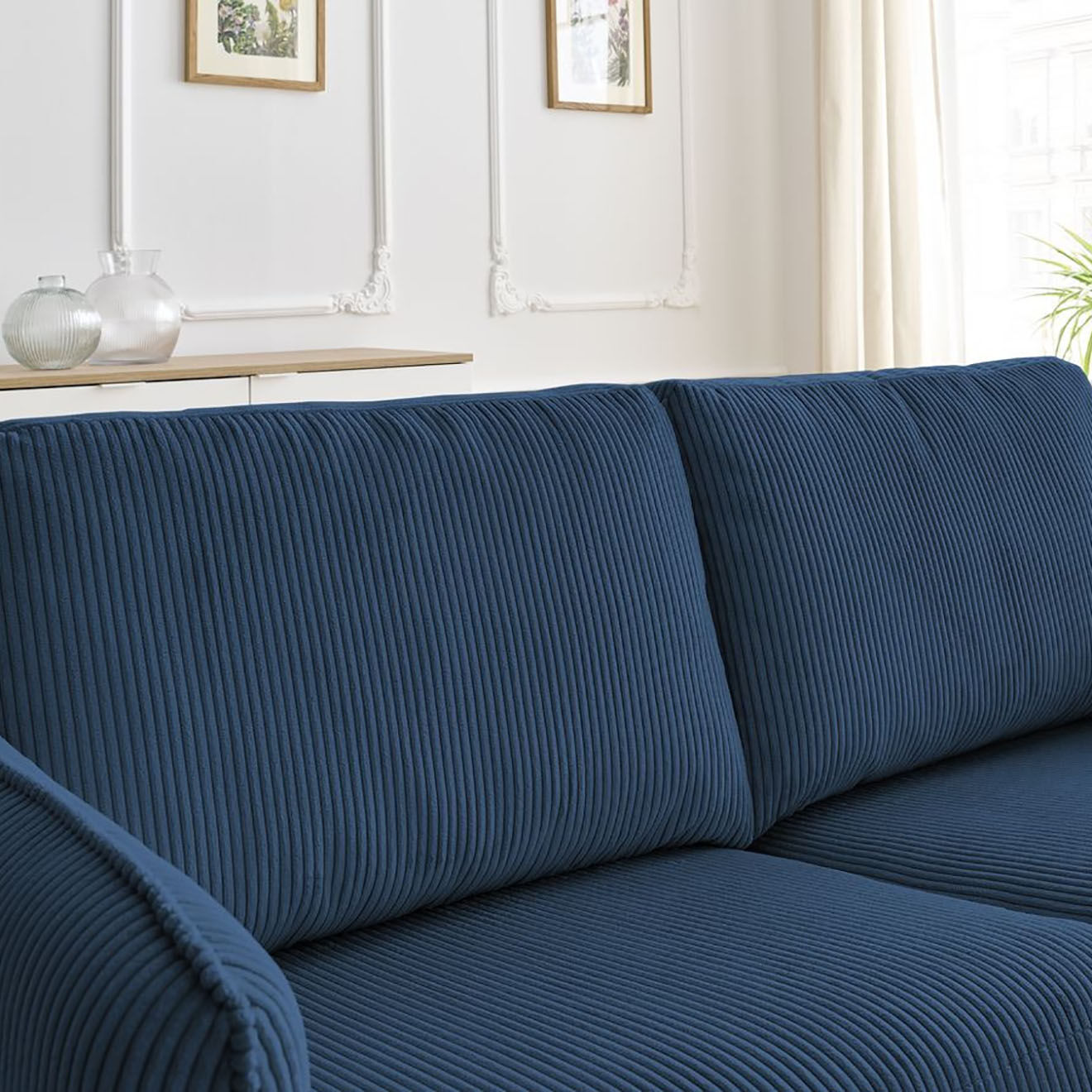 Bobochic Canapé droit convertible express en Velours côtelé 3 places Lenny bleu foncé - 178x102x89 cm