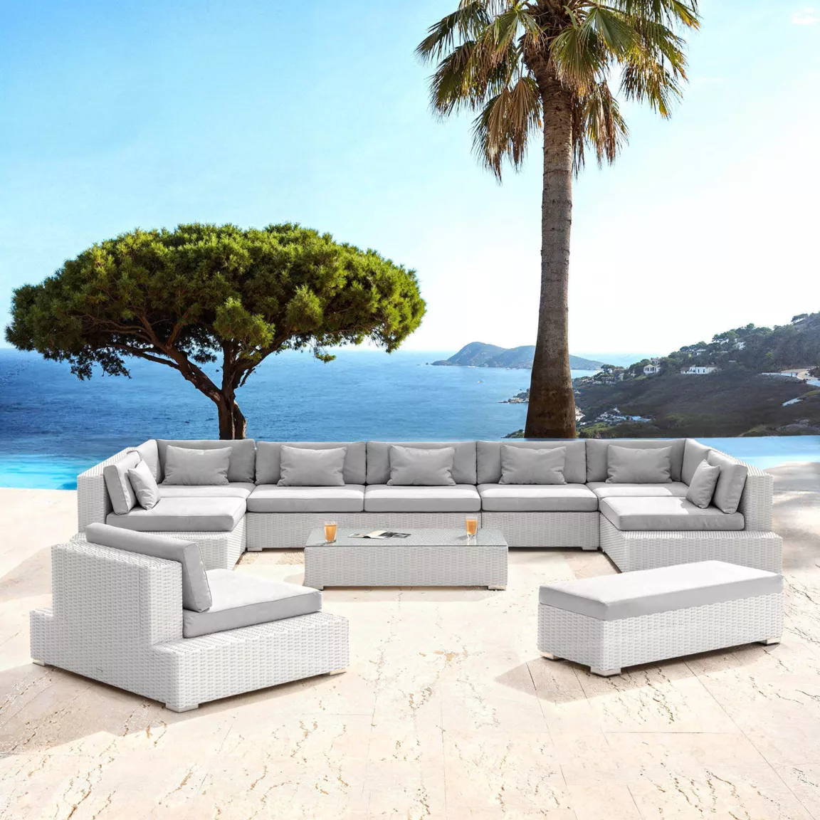 Salon de jardin en résine tressée 9 places 9 pcs Palma Blanc et gris