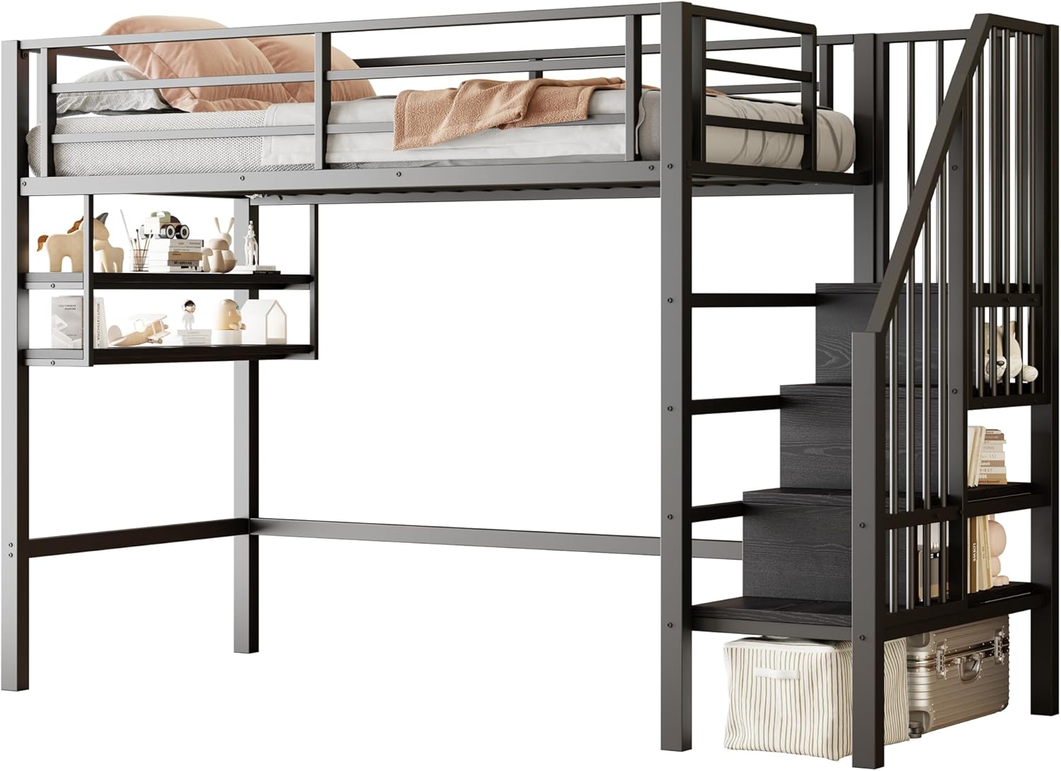Hochbett,Metallbett 90x200cm, Einlegeböden,Einzelbett mit Stauraumleiter, Freiraum unter dem Bett zum Verkleiden, Geländer, Bettgestelle mit Lattenrost ohne Matratze,Schwarz