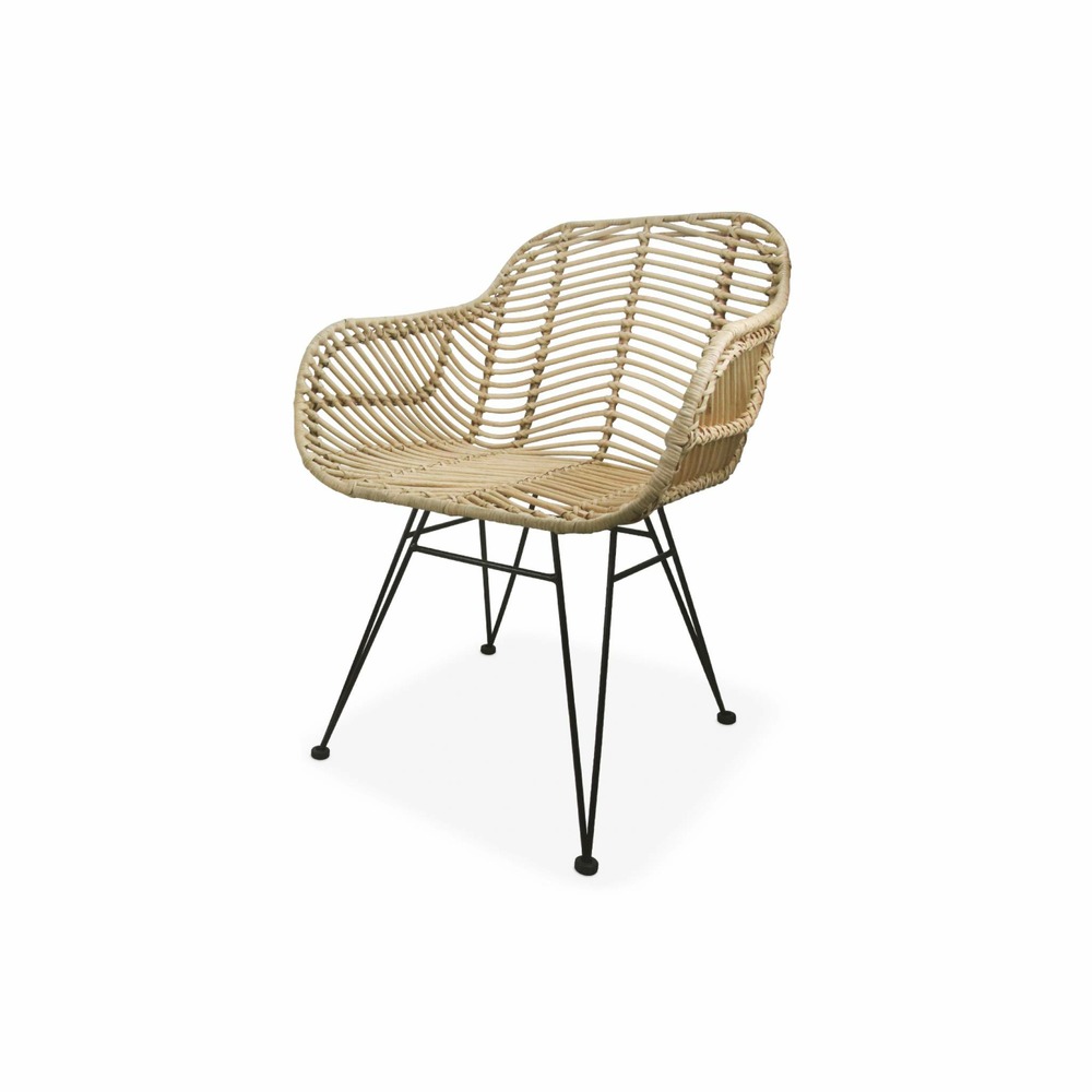 Lot de 2 fauteuils en rotin naturel et métal. Coussin beige - cahya