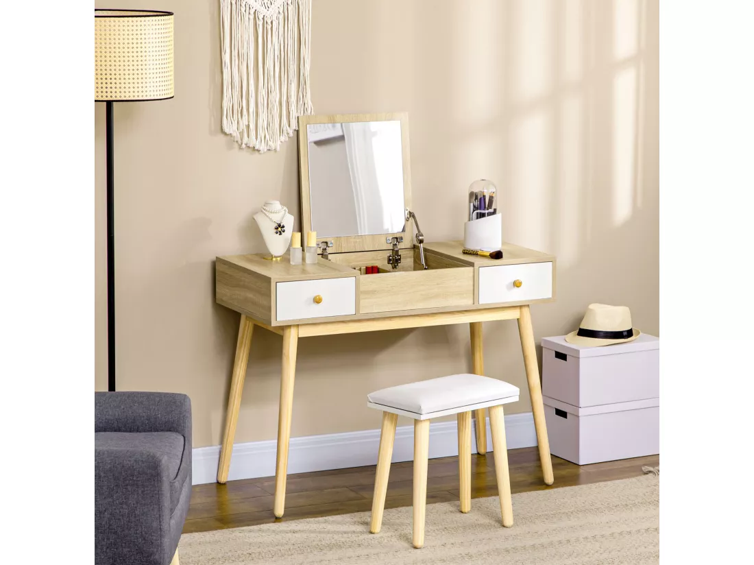 Coiffeuse avec tabouret style scandinave - 2 tiroirs, compartiment porte miroir - panneaux aspect chêne clair blanc