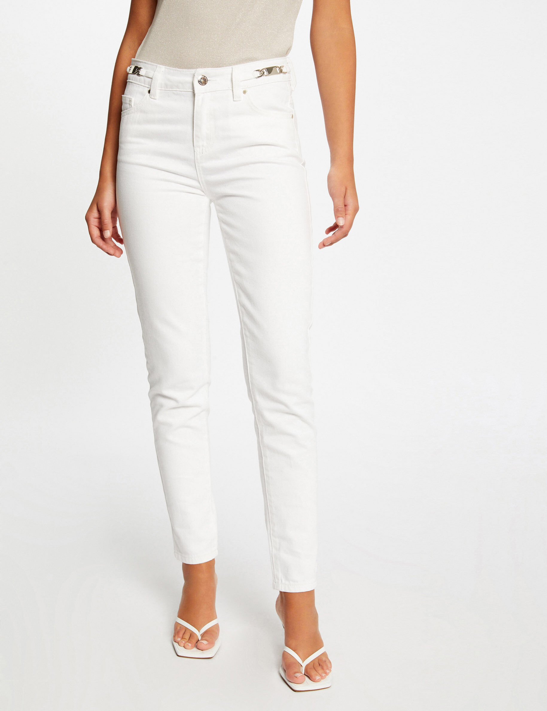 Jeans ajusté à ornements métalliques ecru femme - ecru