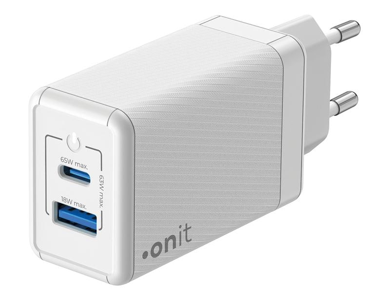 onit USB-Wandladegerät Dual QC4  65 W GaN Weiss Ladeadapter mit einem USB-C- und einem USB-A-Port