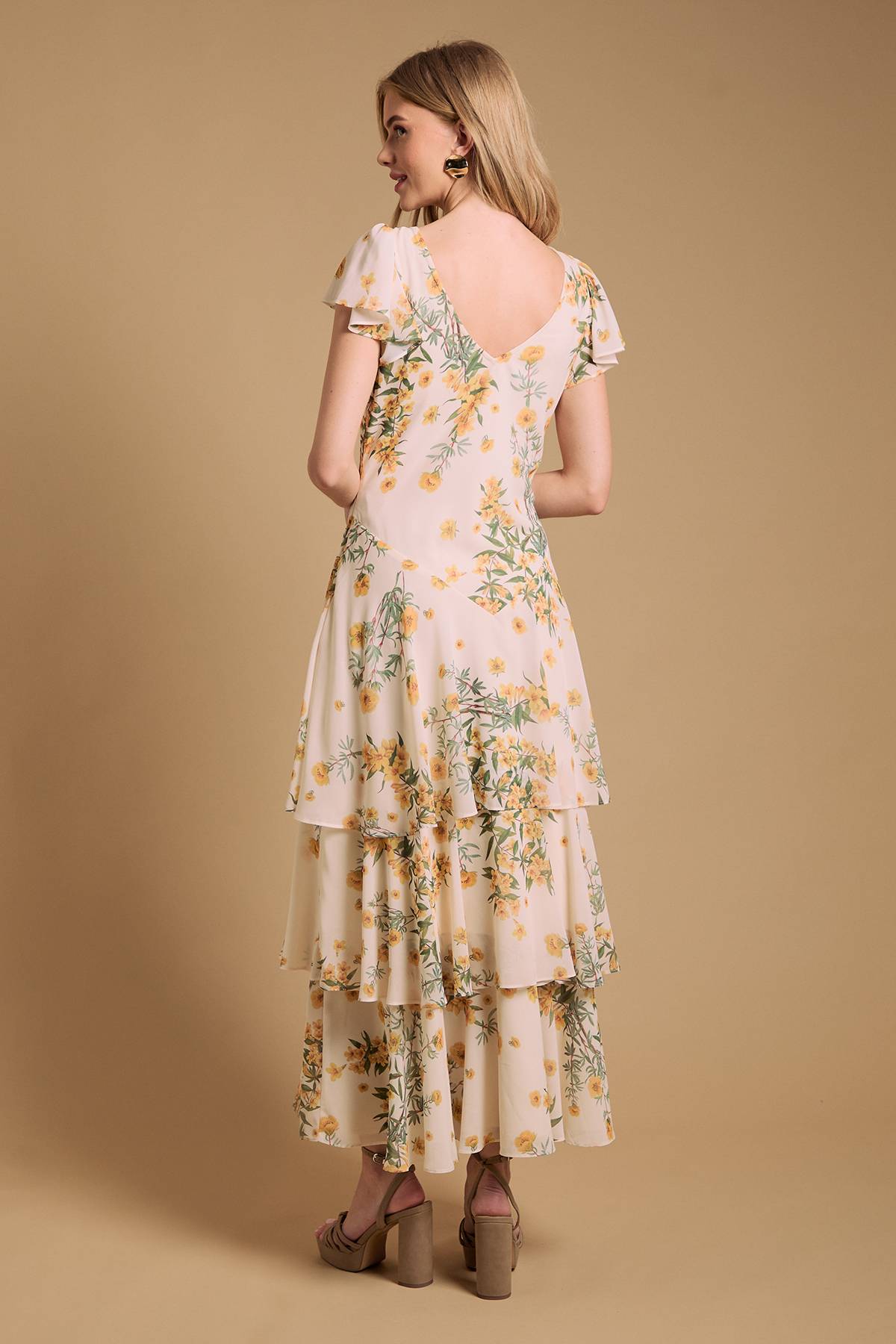 Oasis Robe Maxi en Mousseline à Imprimé Floral avec Volants Étagés