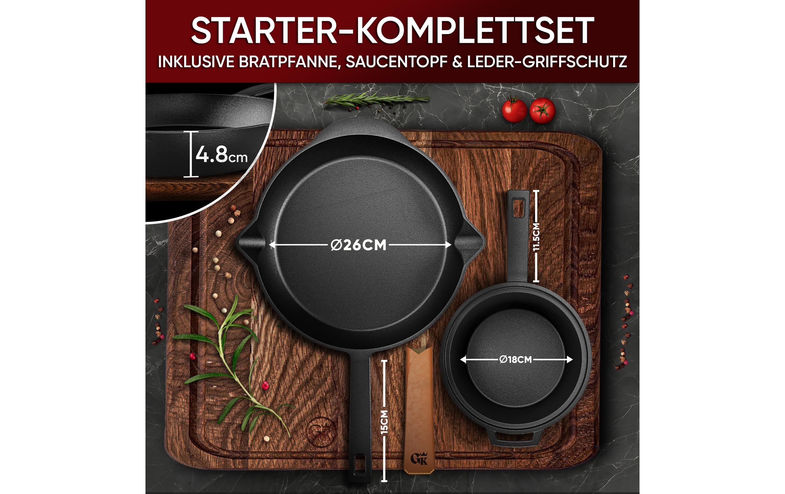 Gusseisen Set Holzbox 8-teilig<br>Kochset aus Gusseisen in Aufbewahrungsbox aus Holz