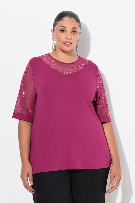 T-Shirt, Classic Fit, Mesh mit Pailletten, Jersey-Unterlage