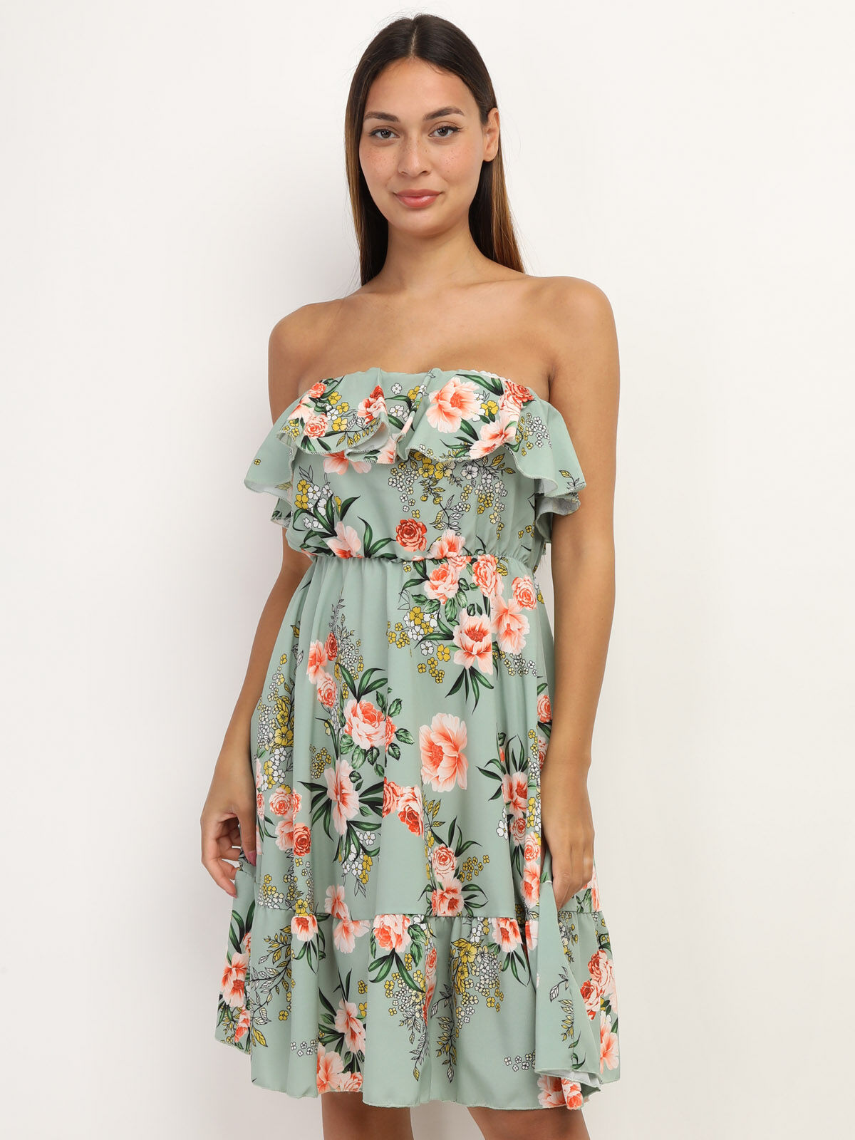 Robe bustier à volants et imprimé fleuri- Vert clair