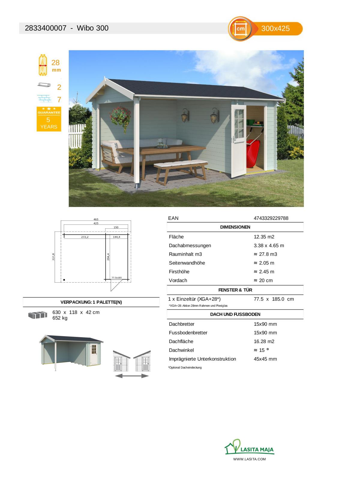 Gartenhaus WIBO - gletschergrün - Fichte massiv - 425/144x300 cm