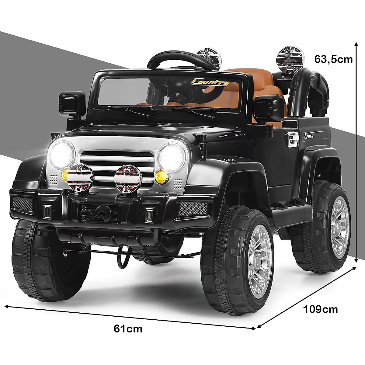 Jeep elétrico com caixa de armazenamento e controle remoto, preto