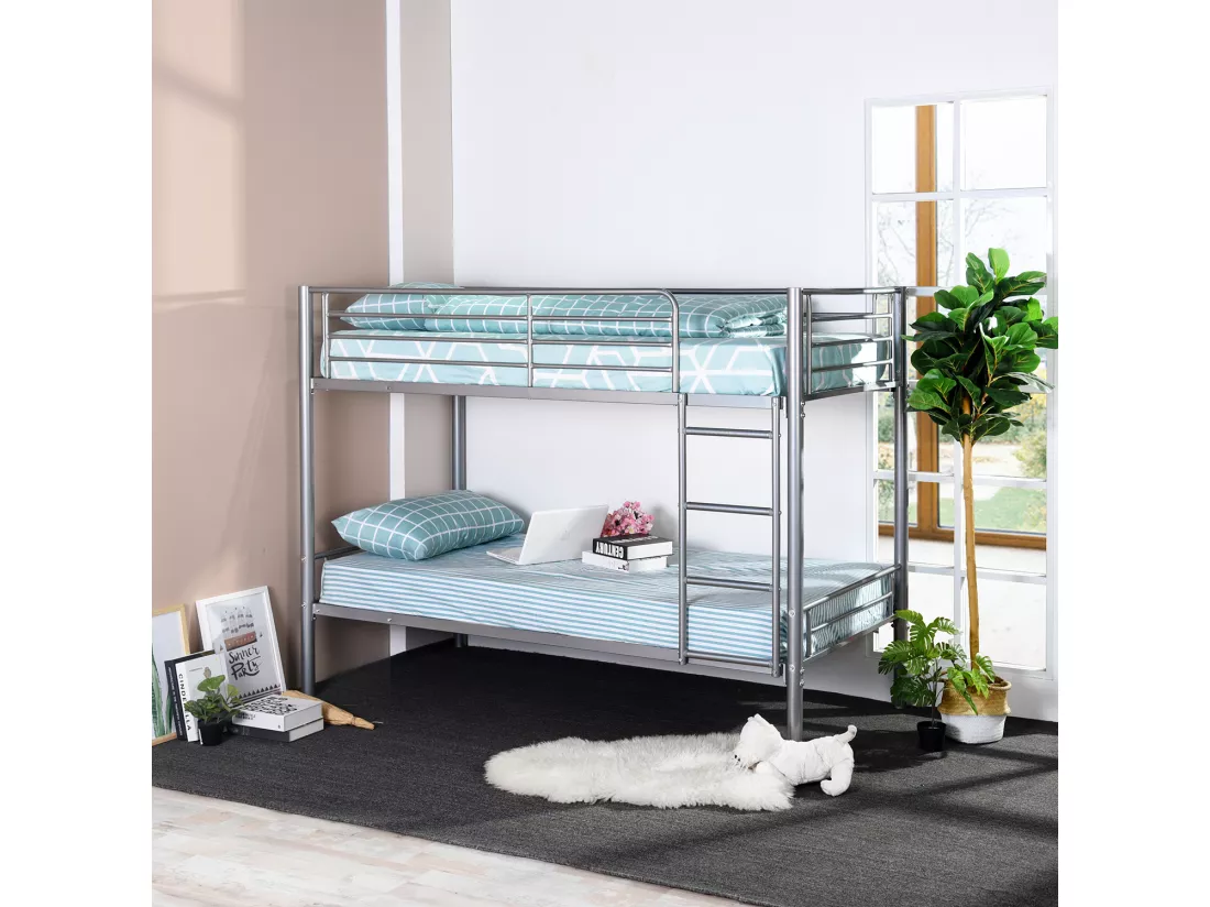 Meubles Cosy Lit superposé Lit surélevé pour 2 Personnes Sommier inclus 90 x 190 cm Métal laqué Gris Style Industriel