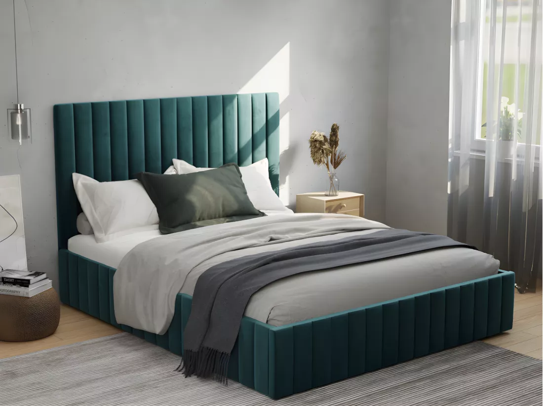 Lit coffre 180 x 200 cm avec tête de lit coutures verticales - Velours - Bleu canard + Matelas - LARALI de Pascal Morabito