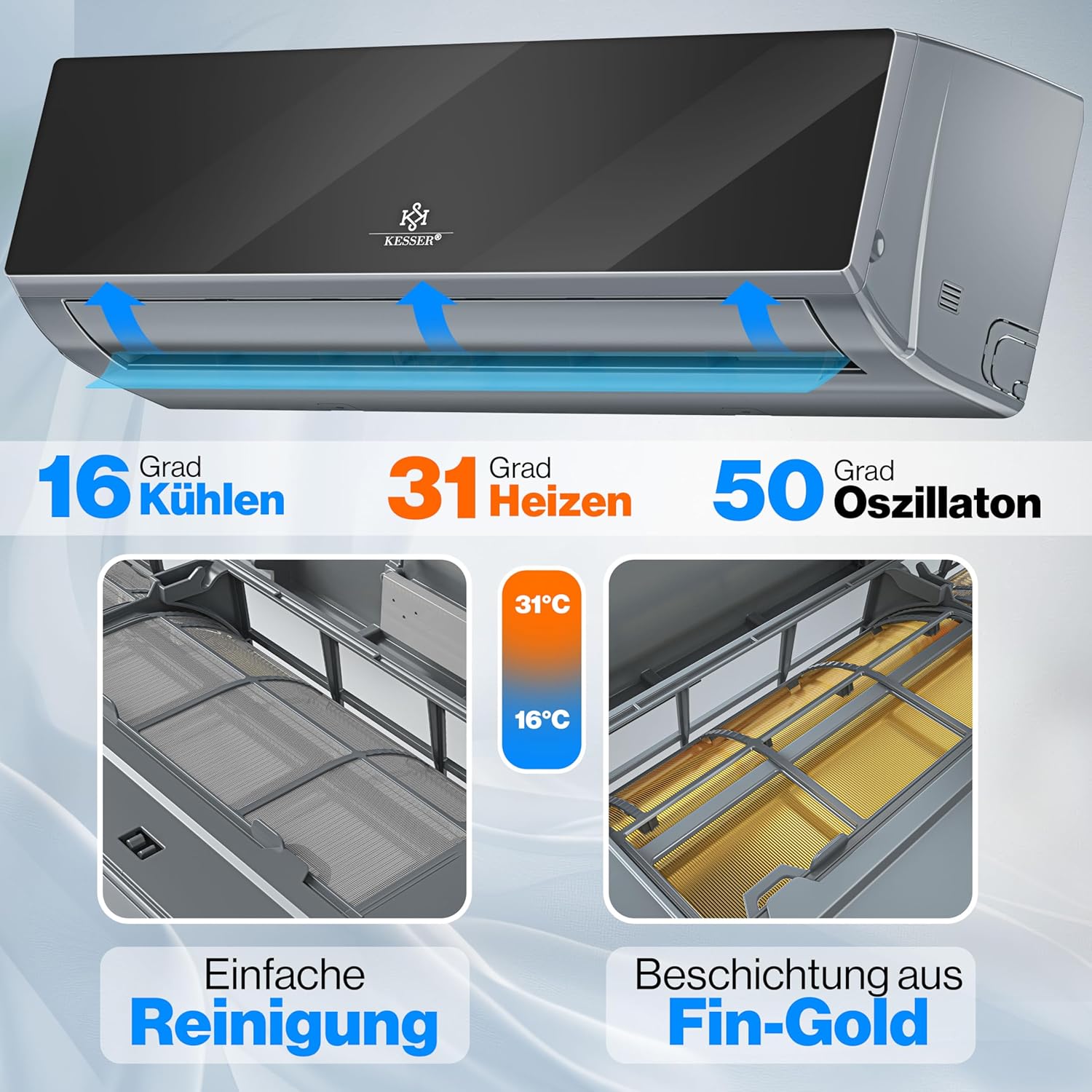 KESSER® Split Klimaanlage Set Quick Connect 9000 BTU 2,6 kW – WiFi & App Klimagerät mit Heizfunktion & Kühlmodus Wandklimaanlage, mit Kupferleitung Kältemittel R32 Inkl. Montagematerial