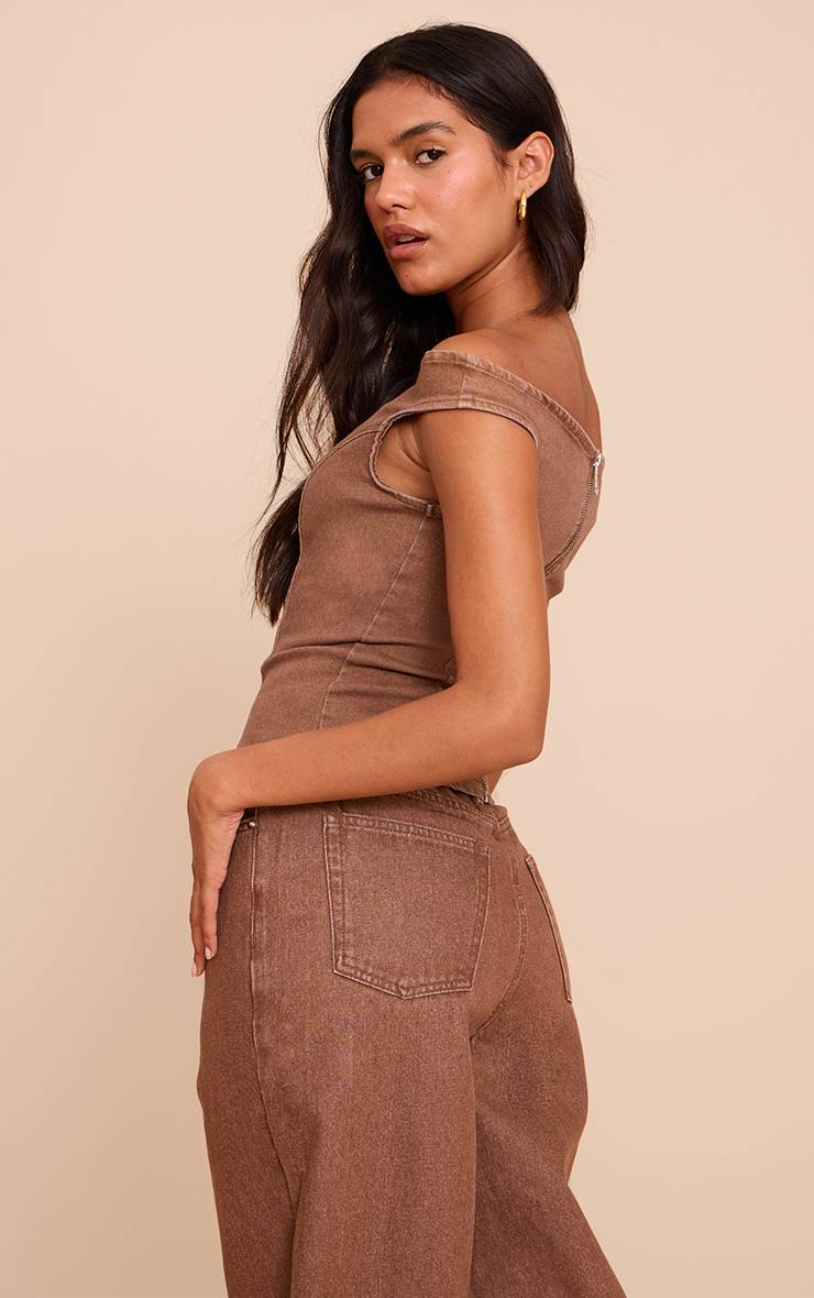 Marron Haut En Denim Stretch À Épaules Dénudées