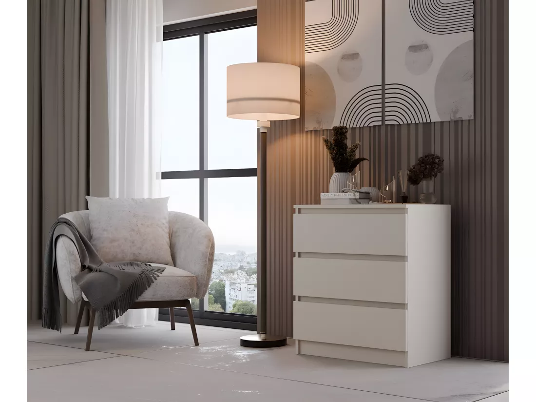 ASTER T3 | Commode chambre/bureau/salon 77x70x40 / 3 tiroirs Beige | Meuble de rangement moderne Chiffonier Style Scandinave | Dressing