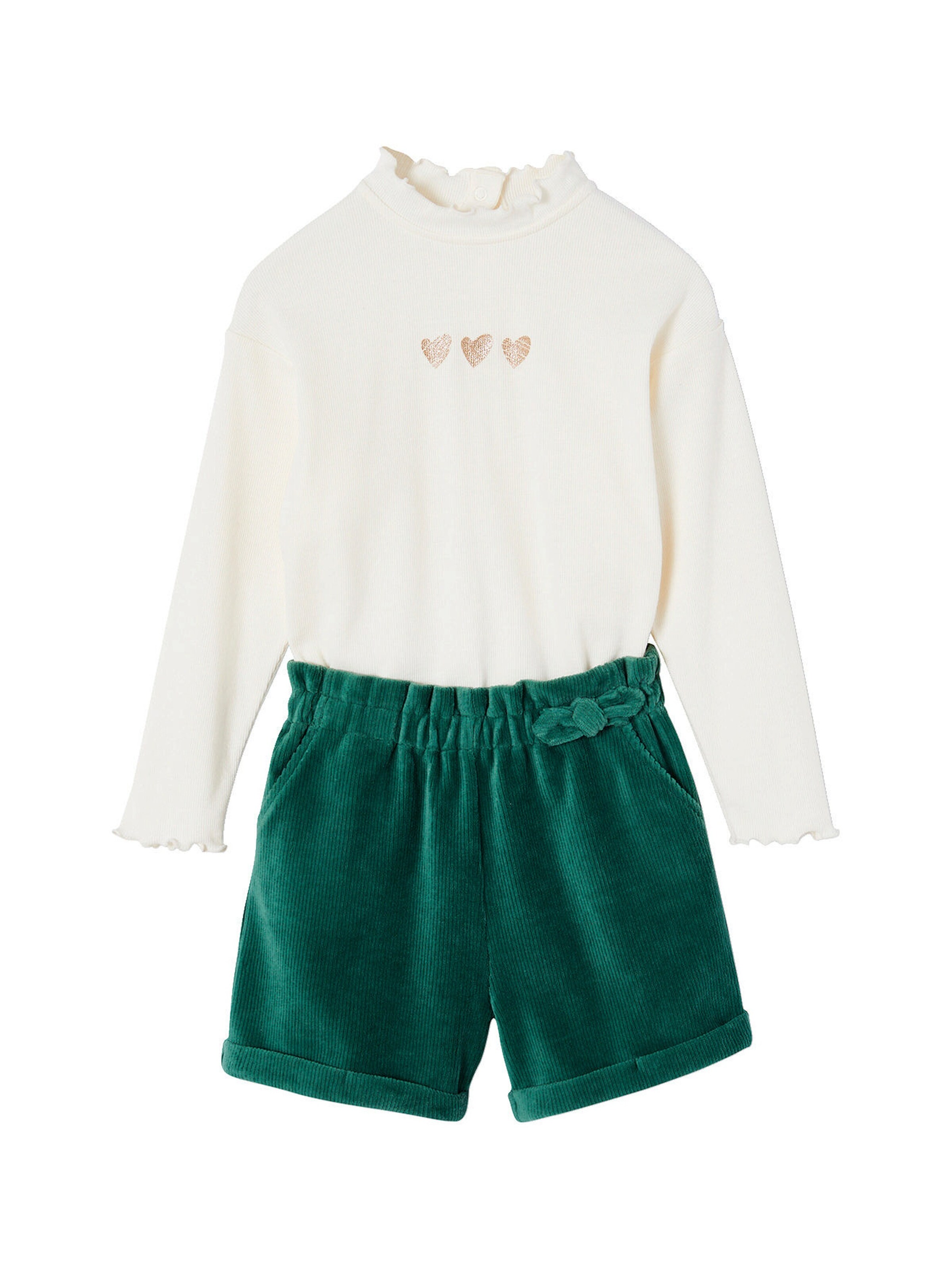 Vertbaudet Mädchen-Set: Rippshirt & Cord-Shorts grün