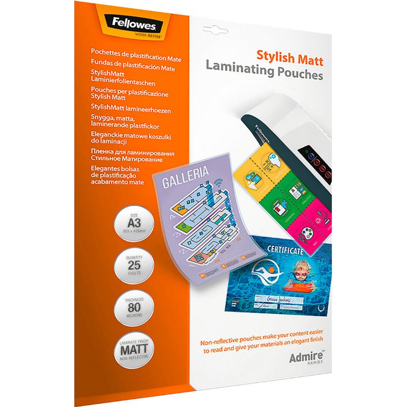 Pochettes de plastification Fellowes A3 2 x 80 µ mates - Boite de 25