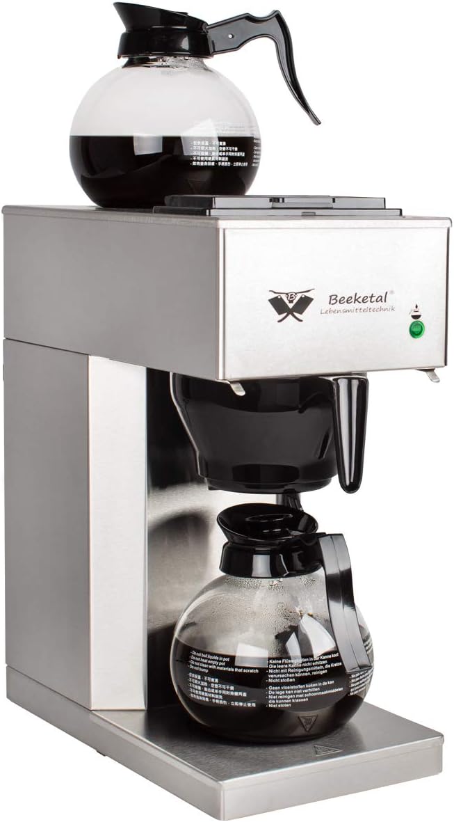 Beeketal 'BGK2-GK' Gastro Edelstahl Filterkaffeemaschine mit 2 Glaskannen (je 1,5l) und Wärmeplatte, Korbfilter Kaffeemaschine mit 2 Heizsystemen (Brühen/Warmhalten), inkl. 10 Stk. Papier Korbfilter