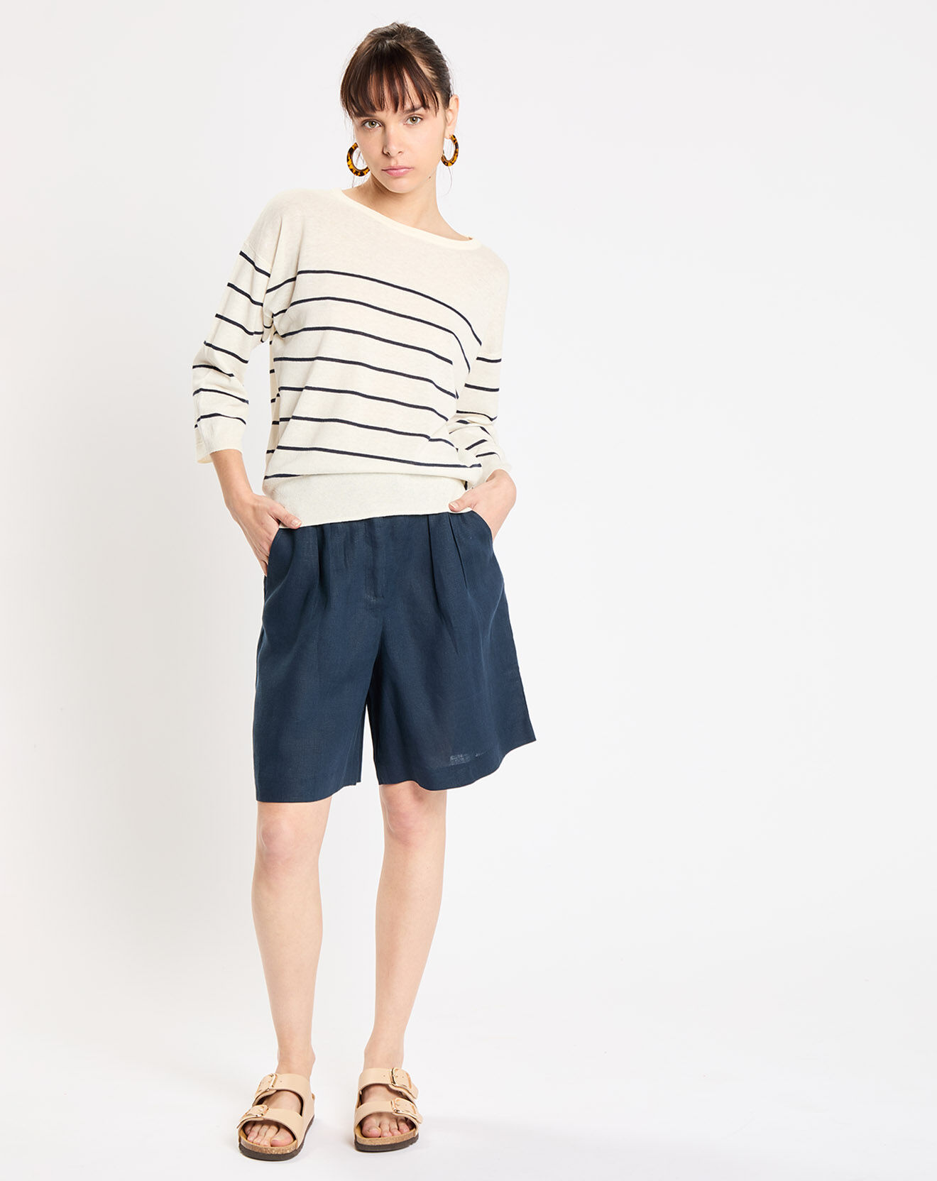 Jodhpur Short 100% Lin Acao bleu marine