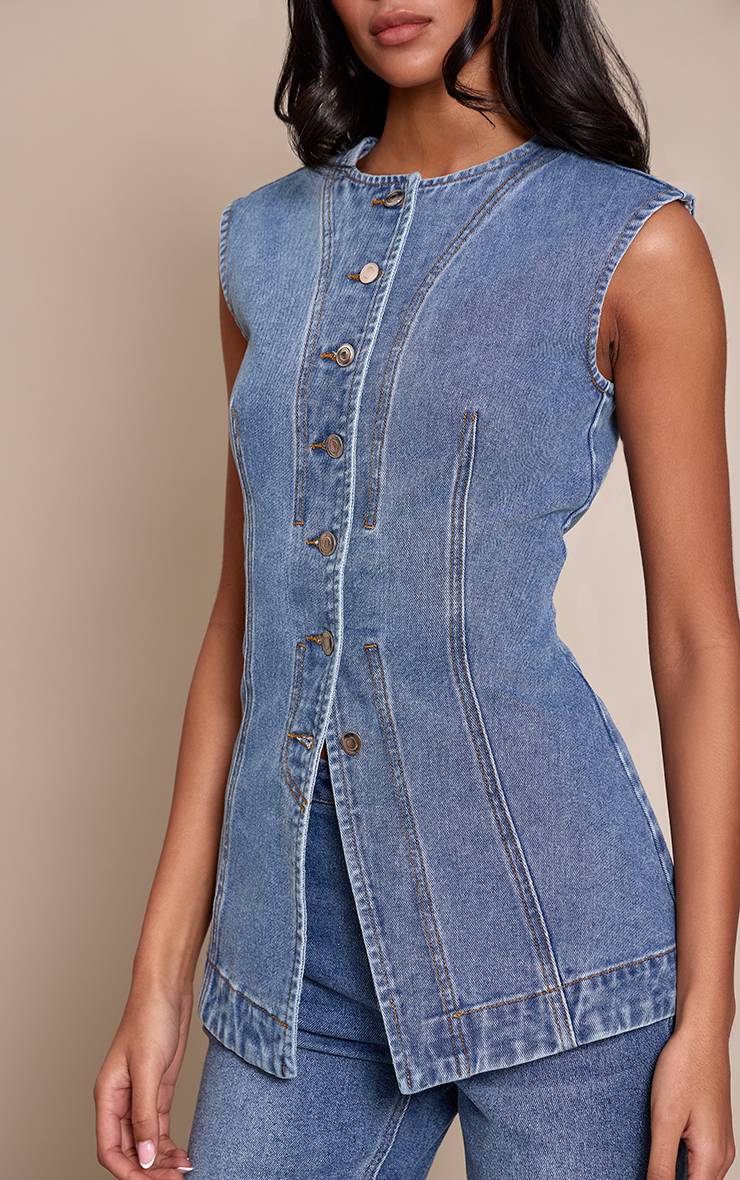 Mid Blue Wash Haut En Denim Sans Manches Long Pour Grande Taille