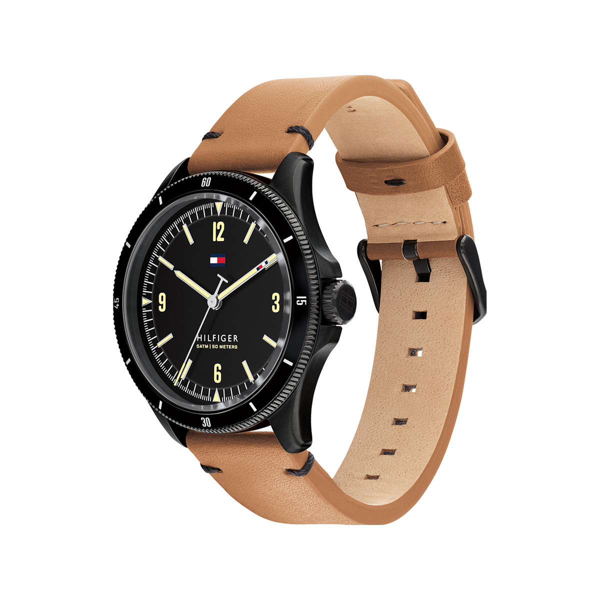 Montre Tommy Hilfiger homme acier noir bracelet cuir marron
