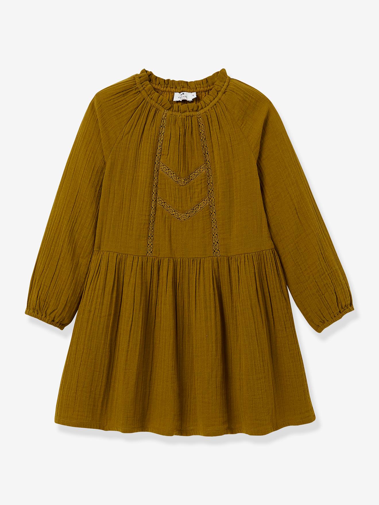 Vestido infantil CYRILLUS em chiffon de algodão com gola alta, verde salgueiro.