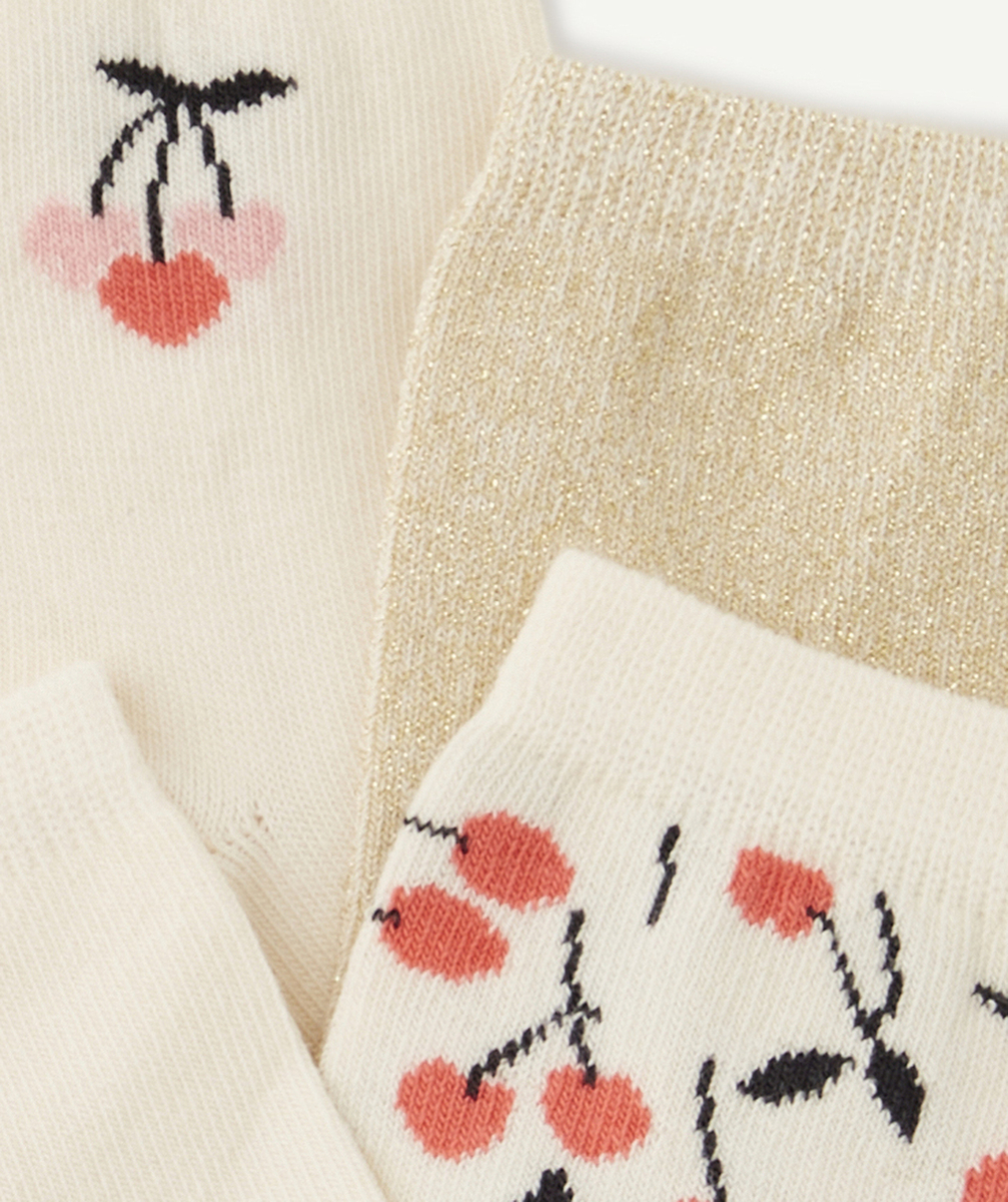 LOT DE 5 CHAUSSETTES HAUTES FILLE ÉCRU ET ROSE AVEC CERISES