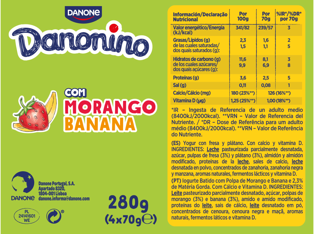 IOGURTE INFANTIL DANONINO PARA LEVAR MORANGO-BANANA 4X70G