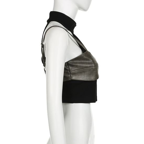 BrickBlack - Spaghettibandjes, hoge hals, nep-tweedelige crop top van imitatieleer