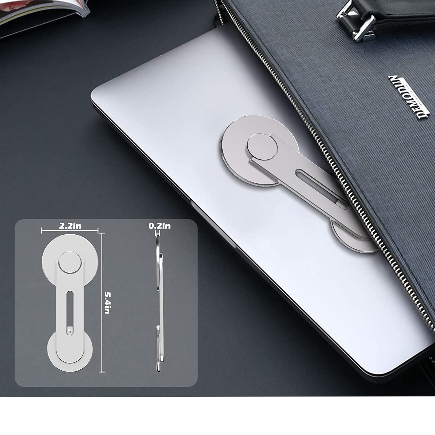 Selbstklebende Aluminium Laptop Erweiterung Magnetische Smartphone Webcam iPhone Halterung mit Magsafe inkl. Magnet Ring - Silber