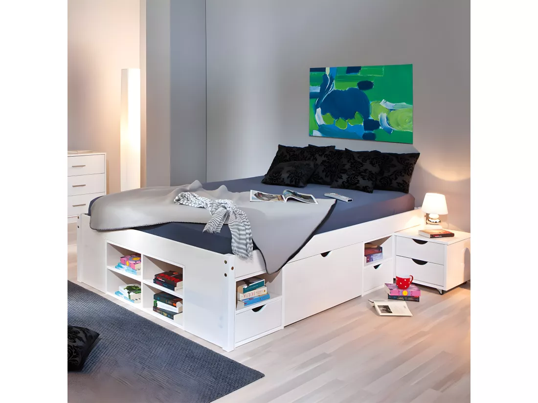 ALASKA - Pack Lit 160x200cm Multi-Rangements + Armoire 4 Portes