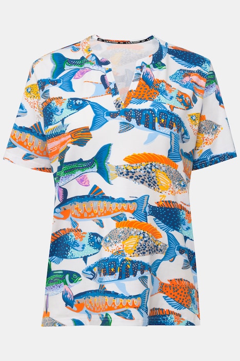 T-Shirt, Fische-Print, Tunika-Ausschnitt, Halbarm, OEKO-TEX