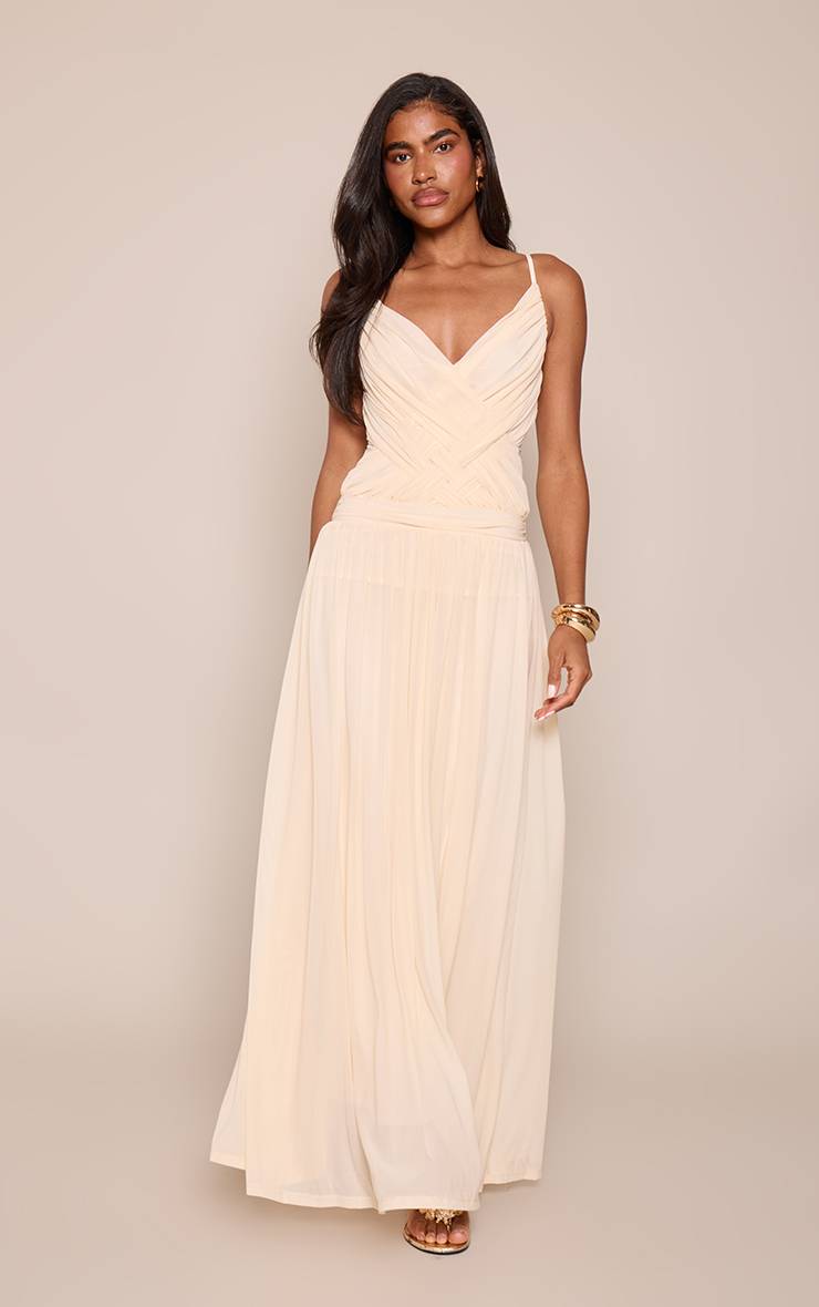 Crème Robe Longue En Mesh À Bretelles Croisées