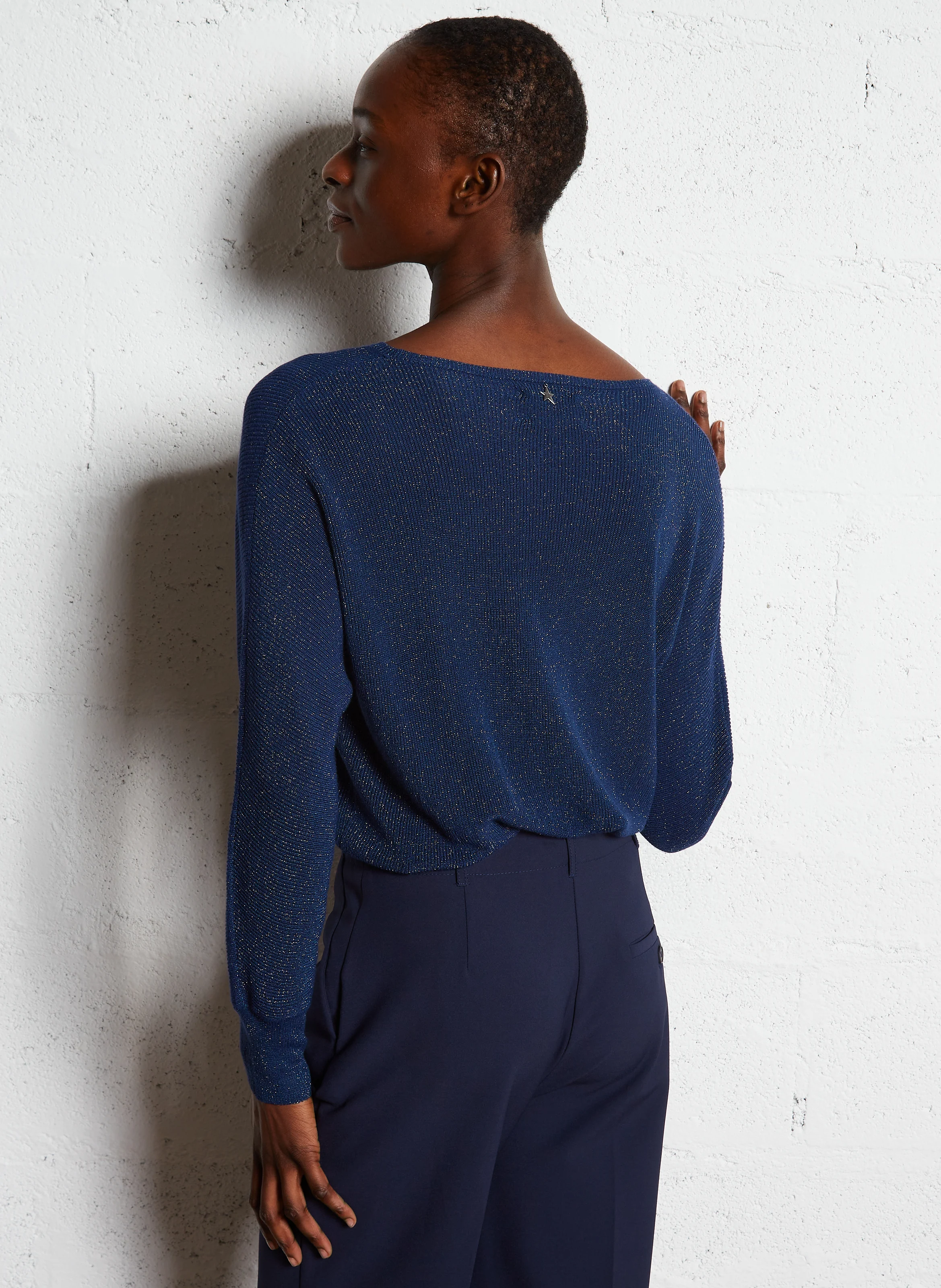 MACARENY - Pull droit col bateau en maille lurex | Bleu