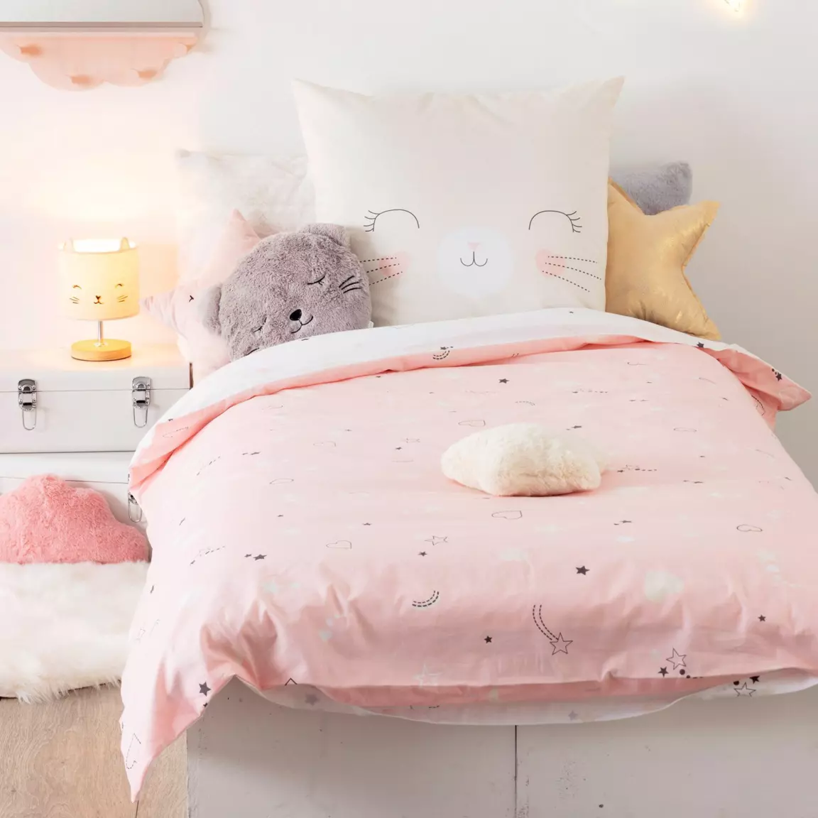 Housse de couette et une taie enfant coton (140 x 200 cm) Chat Rose