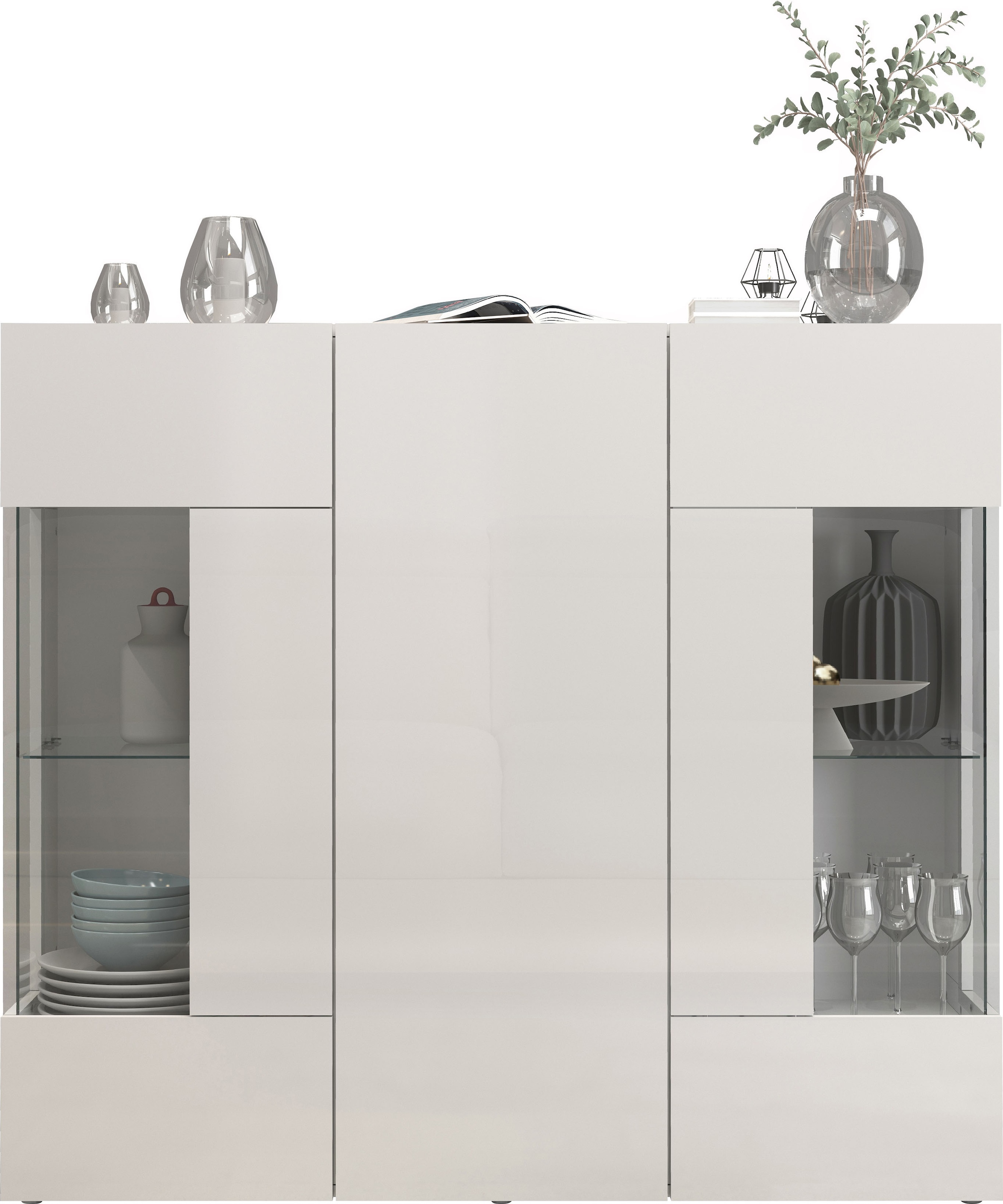 INOSIGN Highboard »Egypt, Highboard, Hochschrank, Hochkommode, Vitrine« mit 3 Türen davon 2 mit Glaseinsatz,kompl. Hochglanz lack.,Breite 135