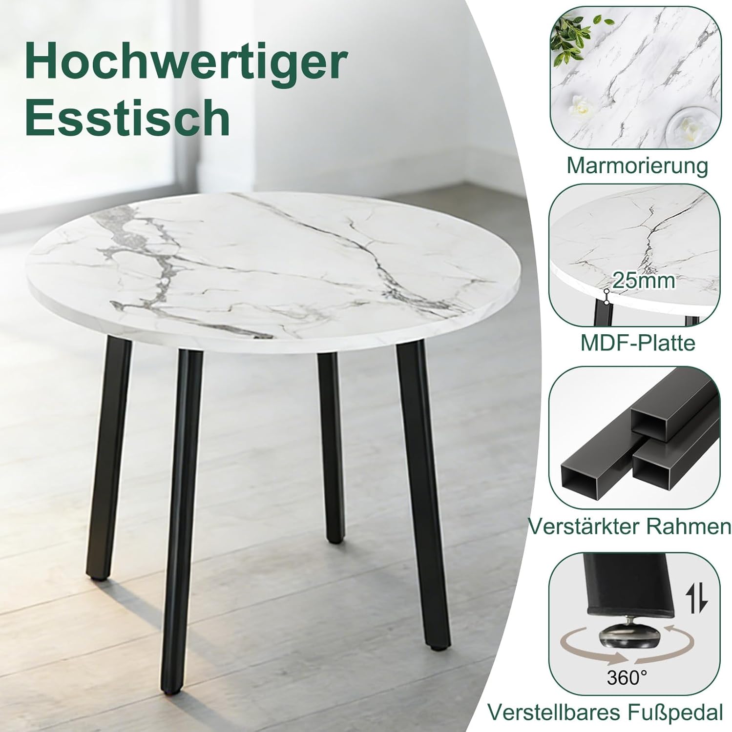 Essgruppe Set Esstisch und 4 Esszimmerstühle, Runder 90cm Essgruppe 5-Teilig aus Tischplatte in Marmoroptik und 4 PU-Leder Küche Stuhl für Küche Wohnzimmer Balkon Büro, Marmorimitat + grau