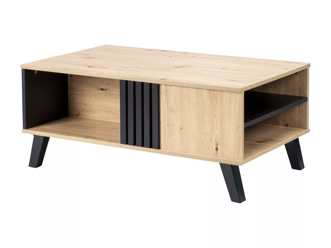 Table basse rectangulaire industriel effet bois et noir rangement 3 cotés 100x60x43cm TRONNEALL