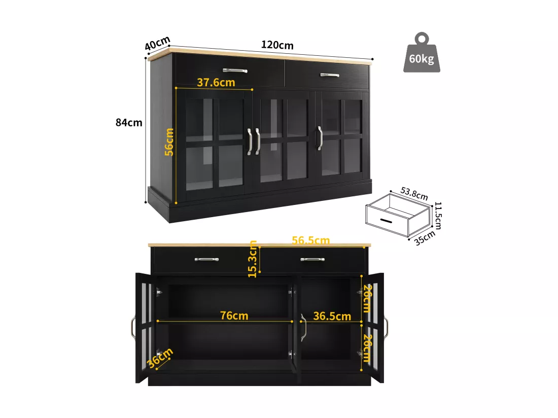 Buffet de cuisine avec 2 tiroirs et 3 portes en verre - 120 x 40 x 84 cm - Bois MDF - Noir + naturel