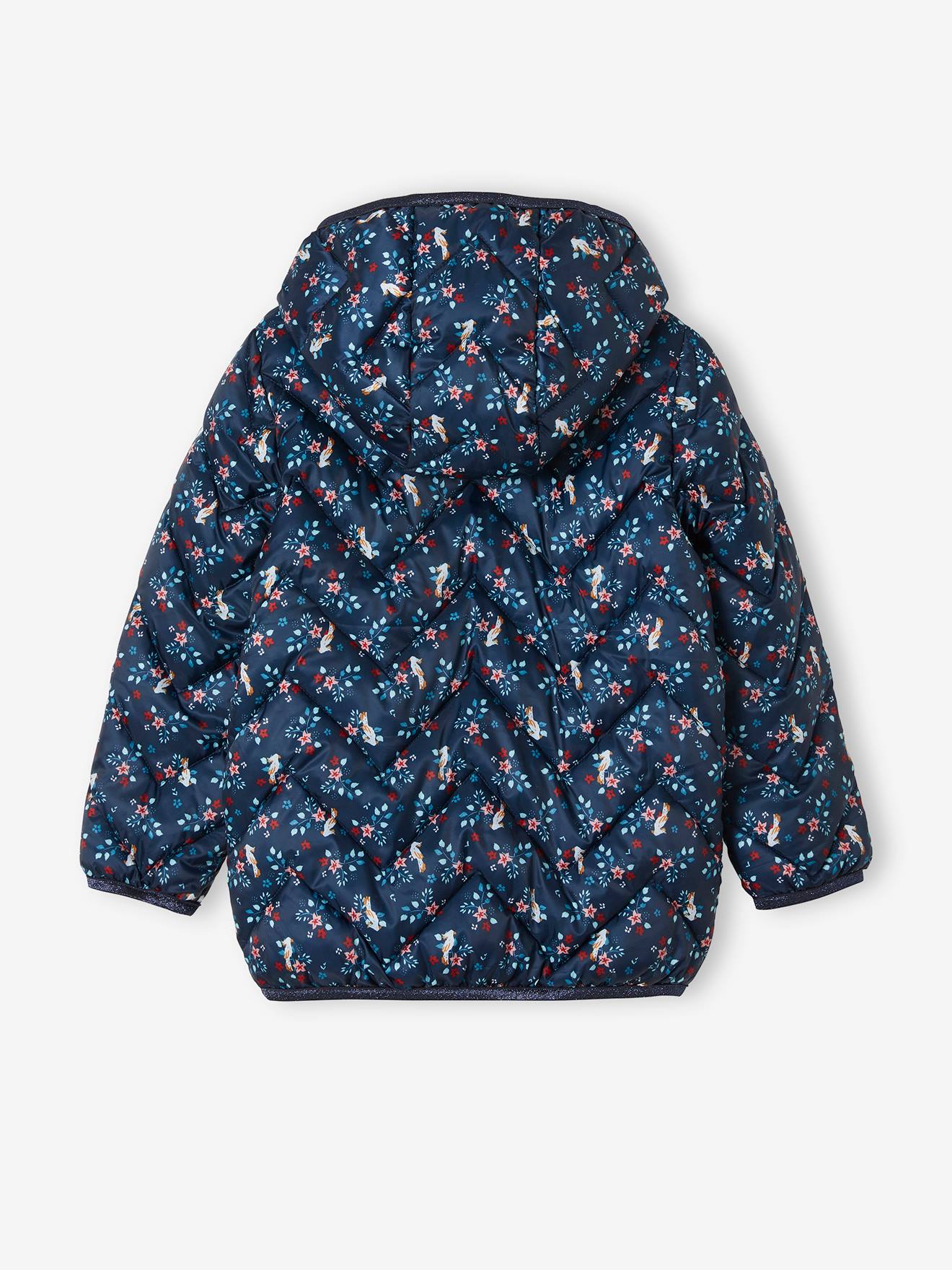 Jaqueta acolchoada leve com capuz e detalhes iridescentes, para meninas, estampa amarela tamanho médio.