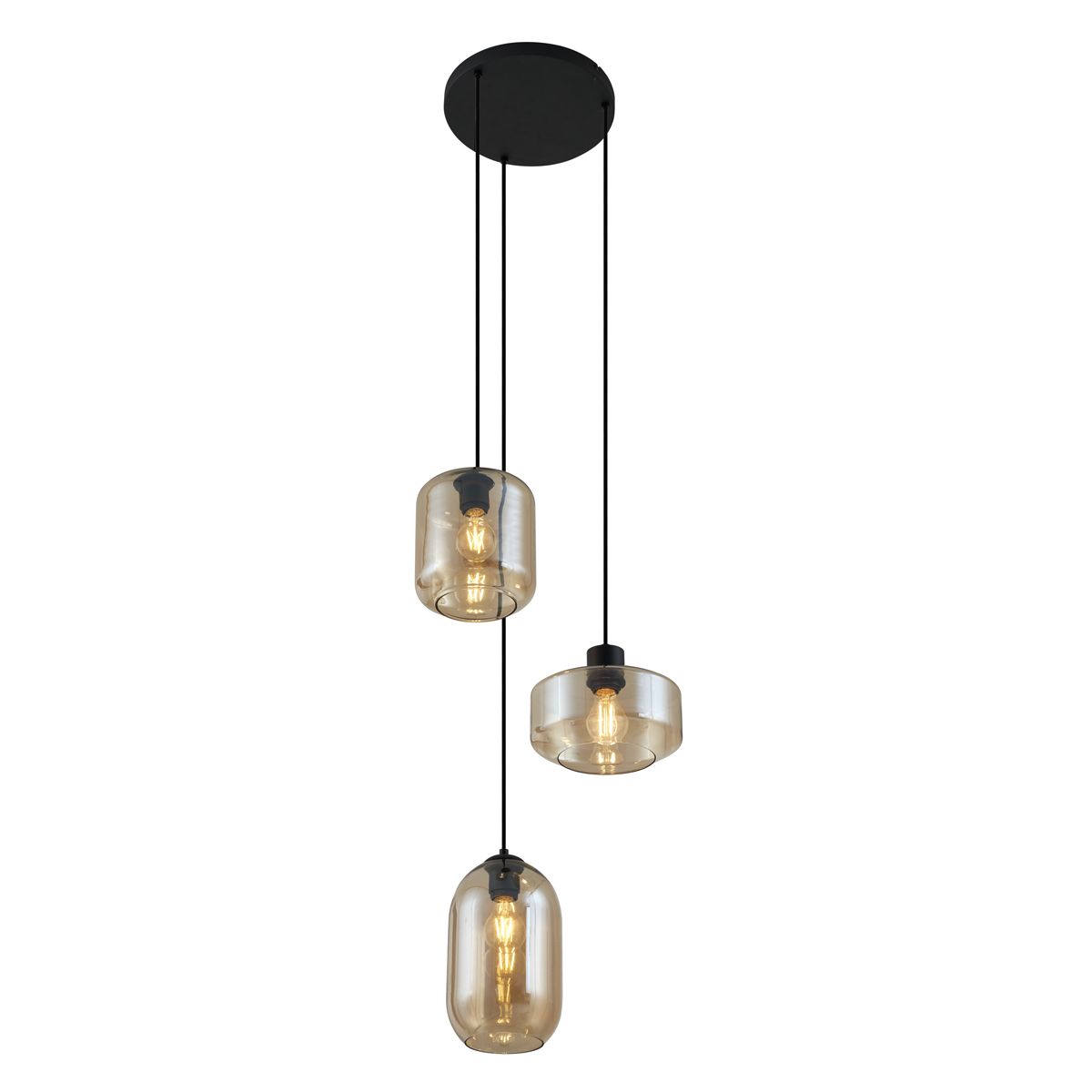 Moderne hanglamp zwart met amber glas 3-lichts - Sheena
