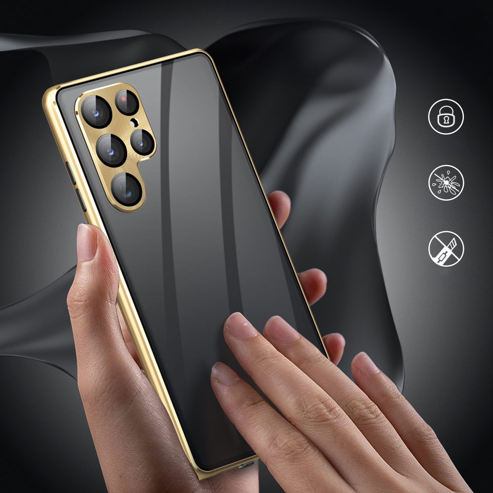 Samsung Galaxy S24 Ultra Magnetische Alu Schutzhülle mit Panzer Glas Backcover   Privacy Display- / Kameraglasschutz (Verschlussmechanismus) - Schwarz
