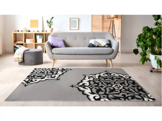Tapis motif rosace - 200 x 290 cm - gris et noir - ROSIA